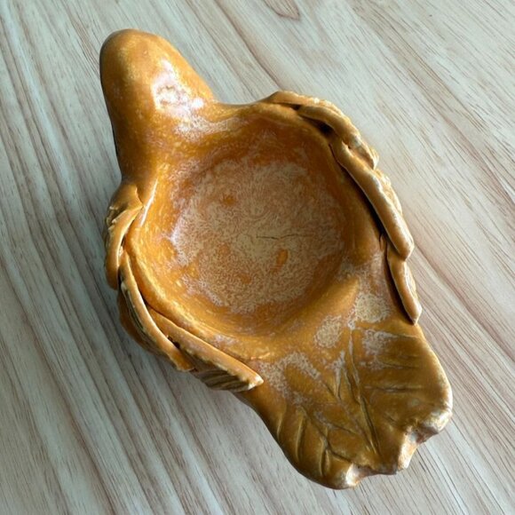 Vintage Handcrafted Orange Ceramic Bird Dish Candle Ring With Feather Detail MCM - Picture 5 of 9
